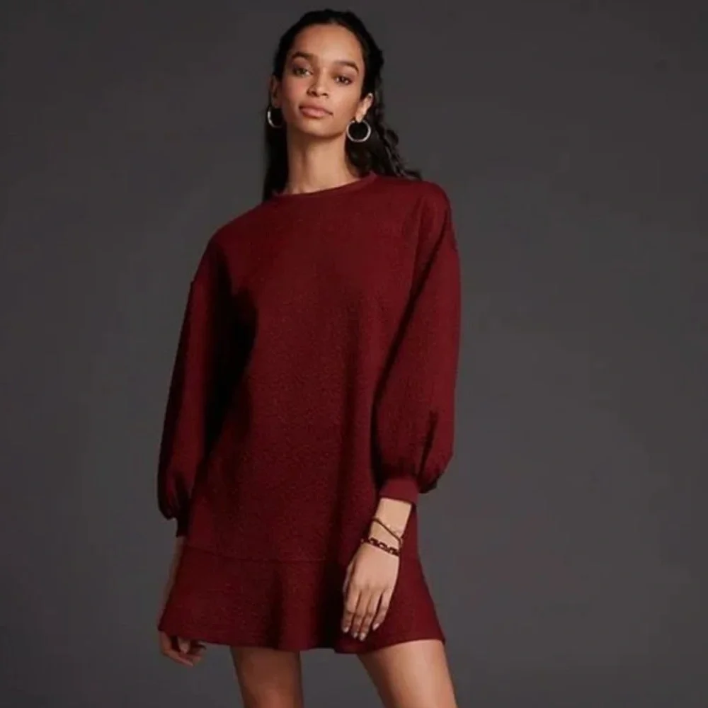 H23 Anthropologie‎ Mare Mare Odila Texture Floral Knit Tunic Dress Wine Red